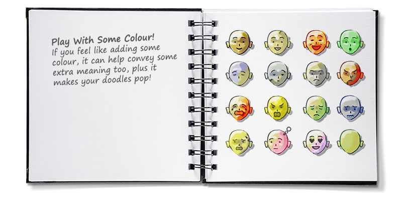 Adding colour to your drawings of facial expressions can add extra meaning.