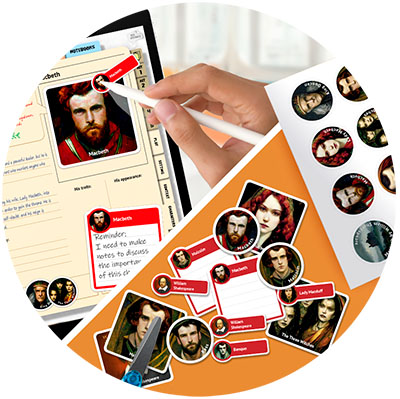 Digital Character Stickers in use with an iPad, and also being printed on a printer