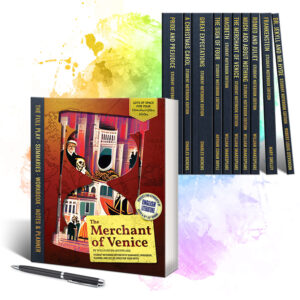 Cover of The Merchant of Venice Student Notebook Edition with other editions seen behind.